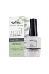 0.5 ounce bottle of Nail Tek Nutritionist Keratin with black brush cap next to its light green & white themed retail box